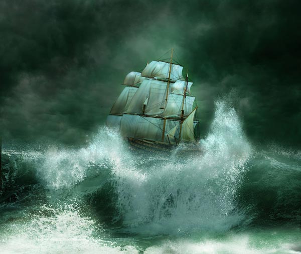 嵐の海と帆船