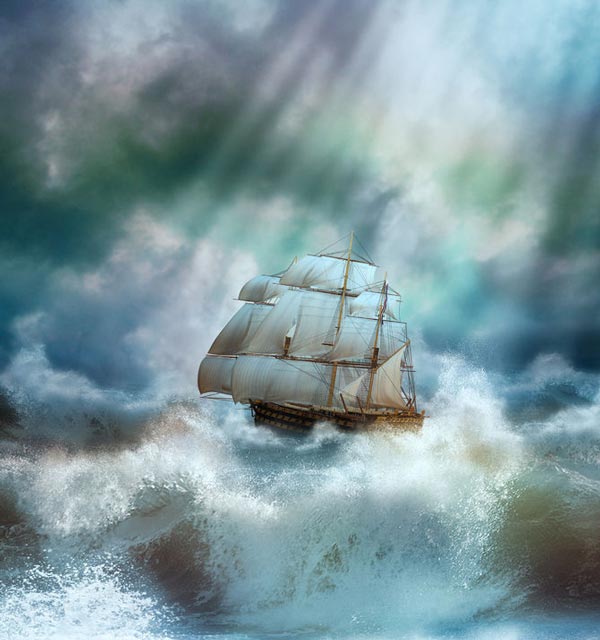 嵐の帆船と雲間の光