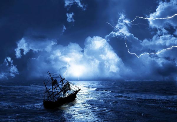 夜の海と帆船