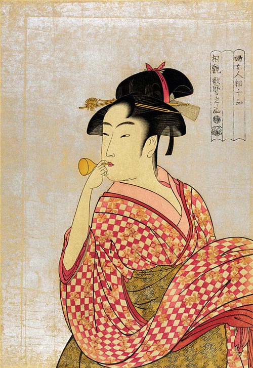 喜多川歌麿の美人画「ポッピンを吹く女」