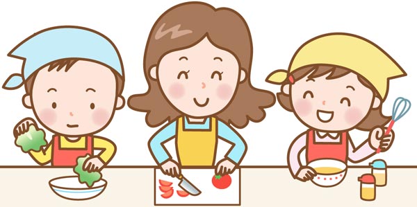 母が子供たちと料理