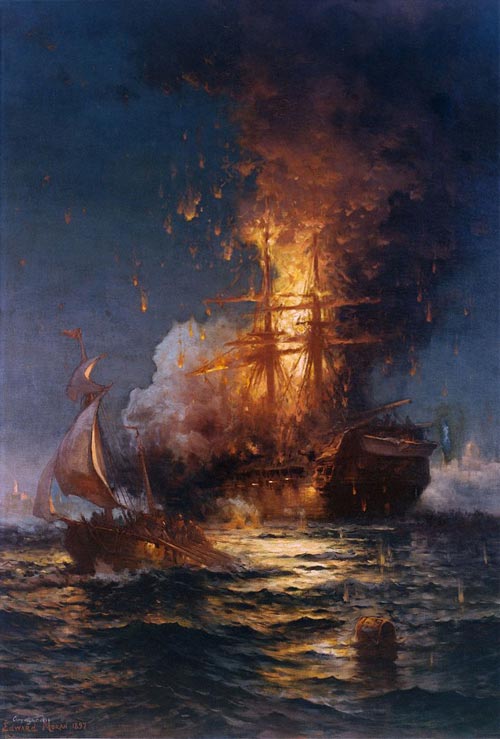 第一次バーバリ戦争で拿捕され自沈するアメリカ海軍の戦艦フィラデルフィア